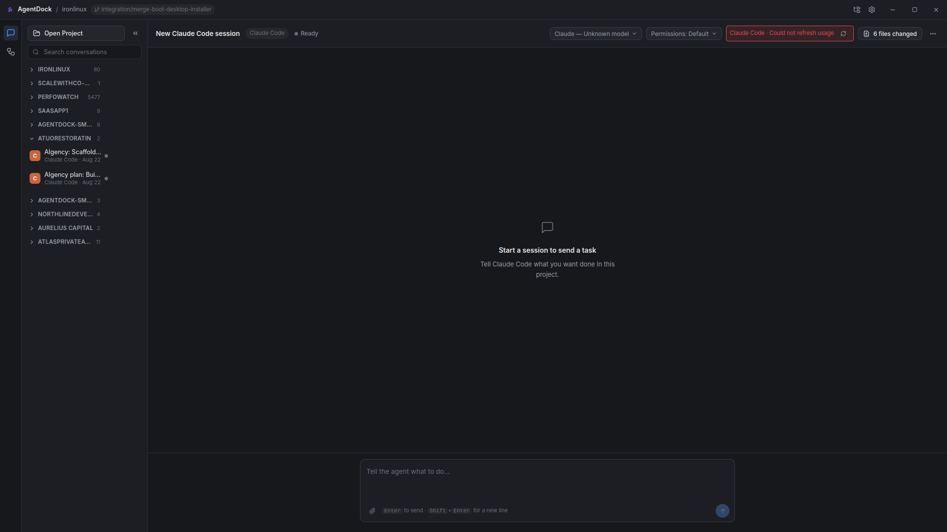 AgentDock active agent session showing Claude Code working in its own workspace