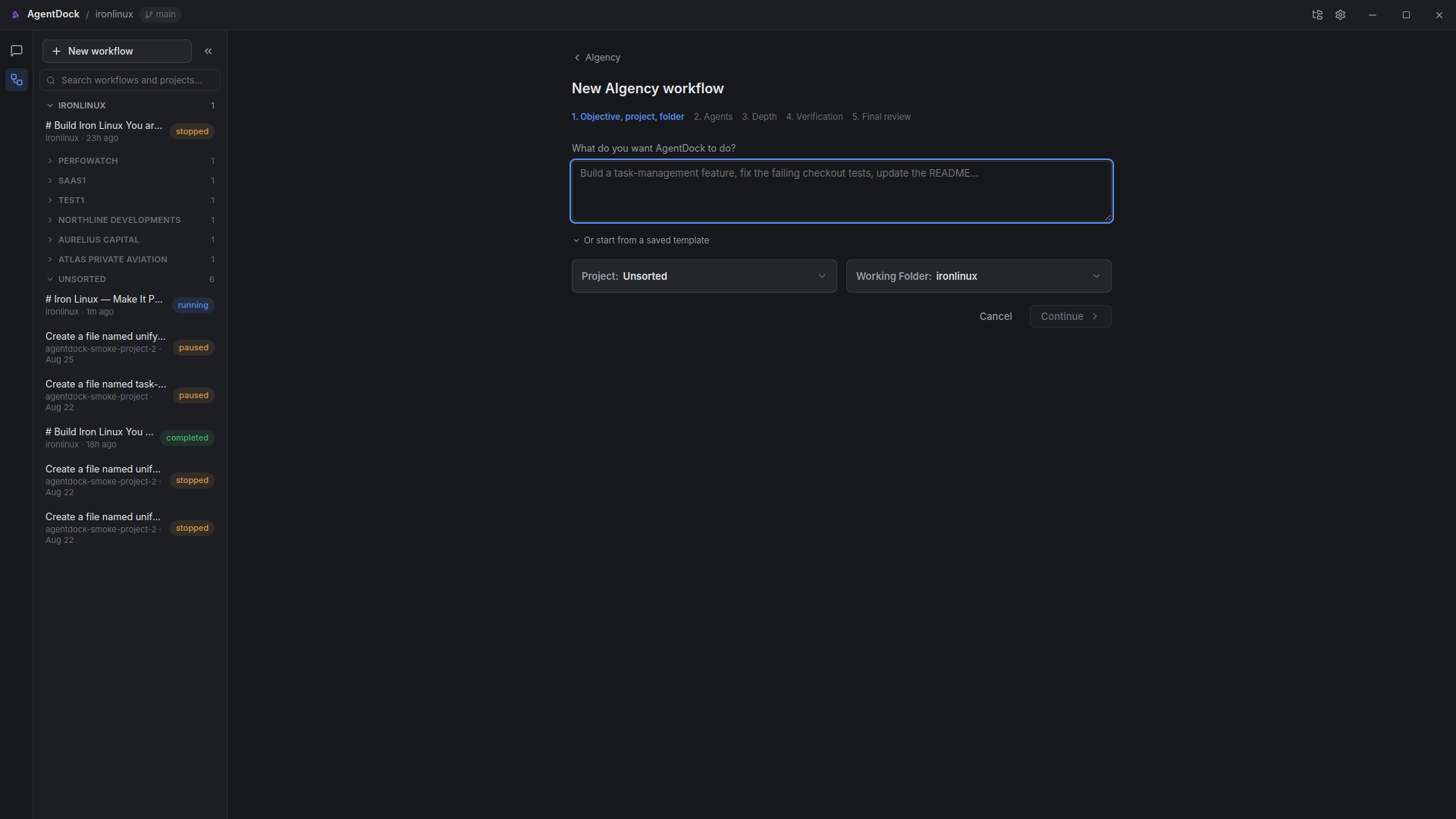 AgentDock AIgency workflow creation screen showing objective input, project setup and agent configuration