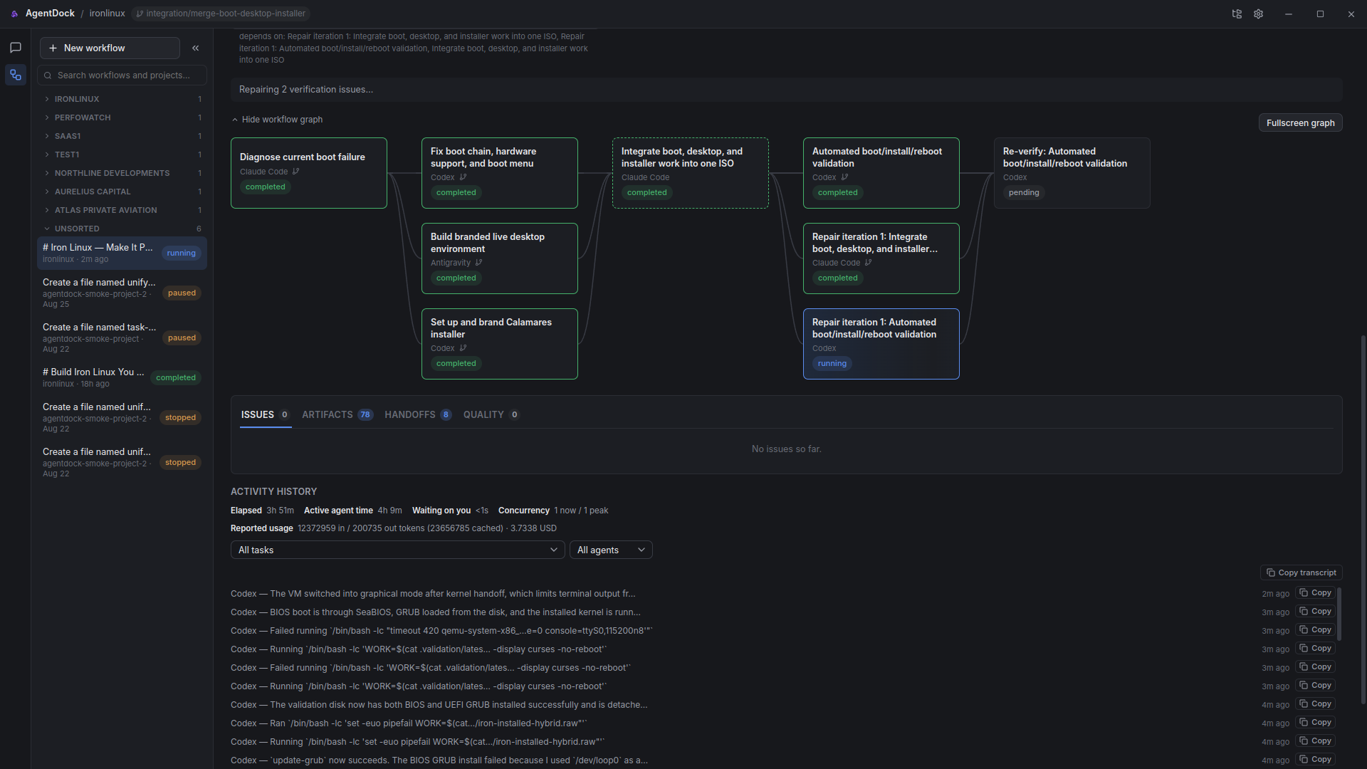 AgentDock AIgency task graph view showing real-time task status across Claude Code, Codex, and Antigravity